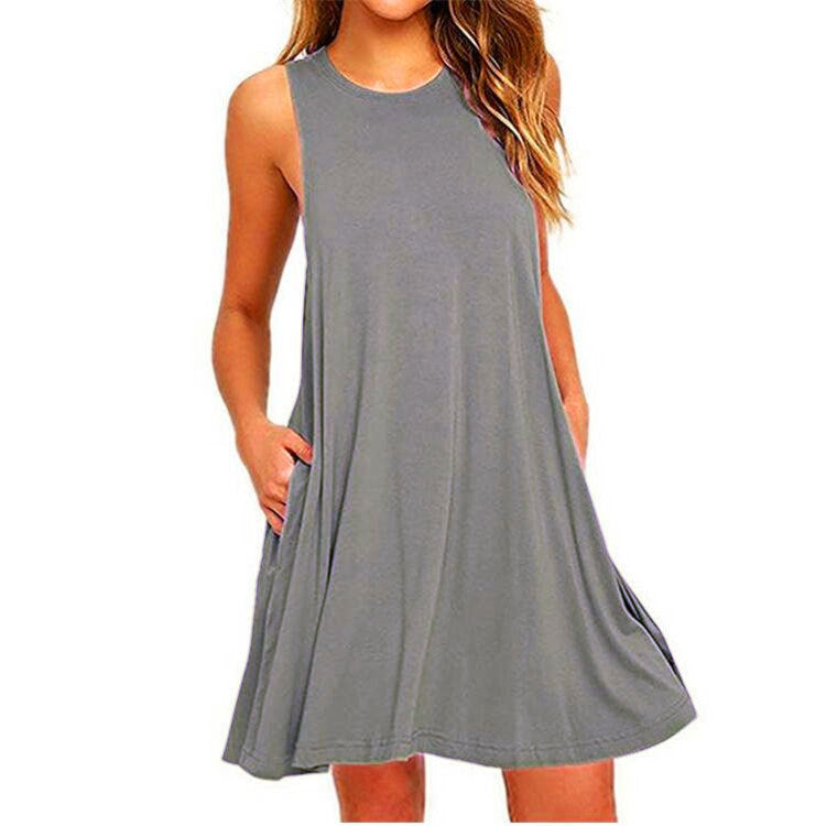 Round Neck Women's Sleeveless Vest Solid Color Dress