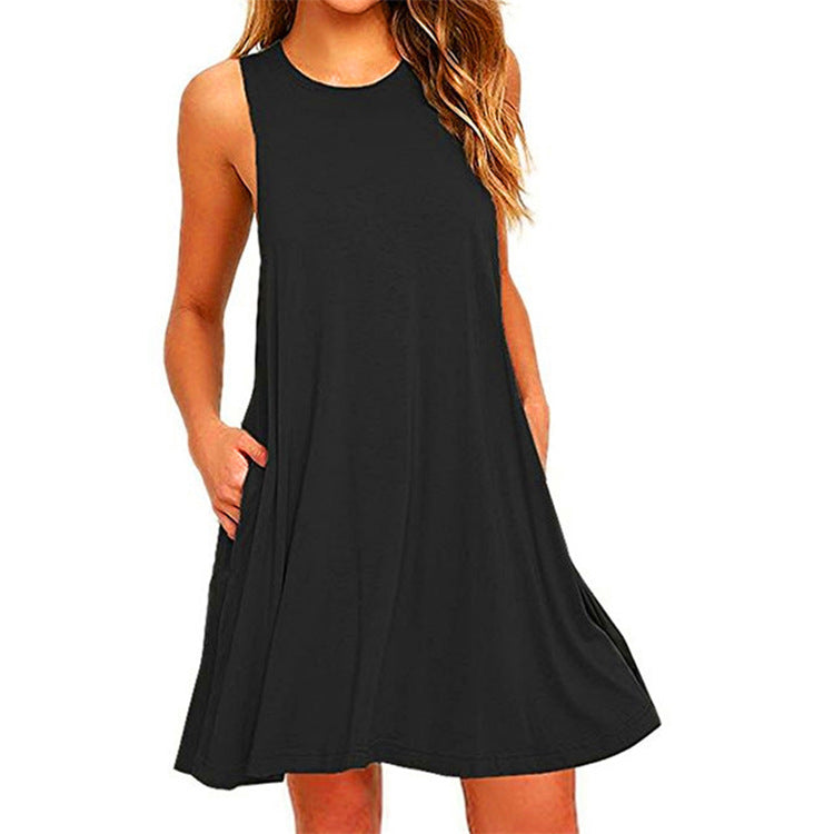 Round Neck Women's Sleeveless Vest Solid Color Dress