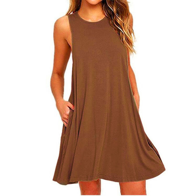 Round Neck Women's Sleeveless Vest Solid Color Dress