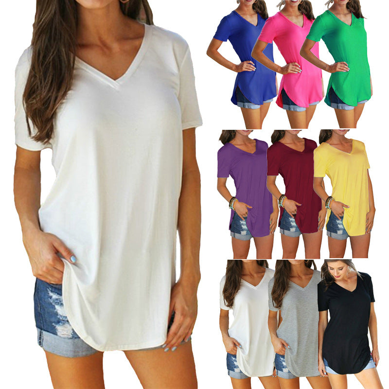 Summer Women's Collar Short Casual Style Sleeve Loose T-shirt Hem Large Size Solid Color Top