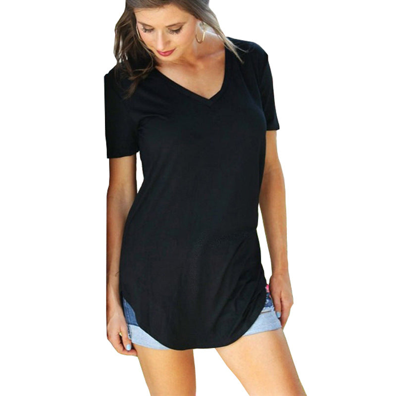 Summer Women's Collar Short Casual Style Sleeve Loose T-shirt Hem Large Size Solid Color Top