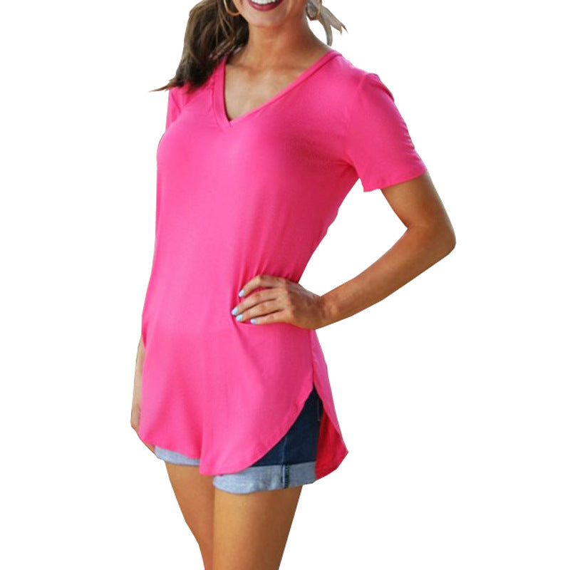 Summer Women's Collar Short Casual Style Sleeve Loose T-shirt Hem Large Size Solid Color Top