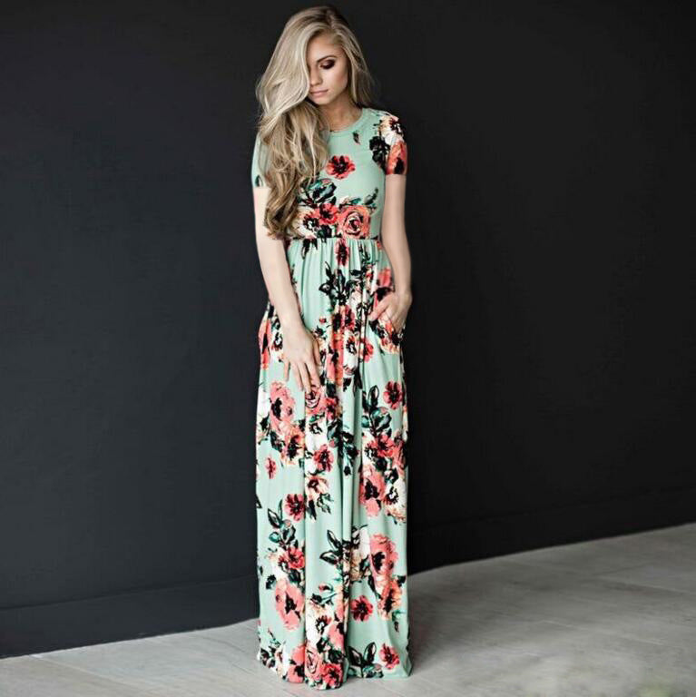 Printing Summer Round Neck Flowers Print Long Sleeve Dress