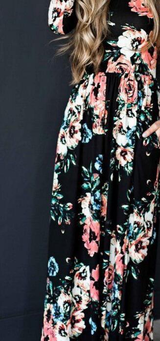 Printing Summer Round Neck Flowers Print Long Sleeve Dress