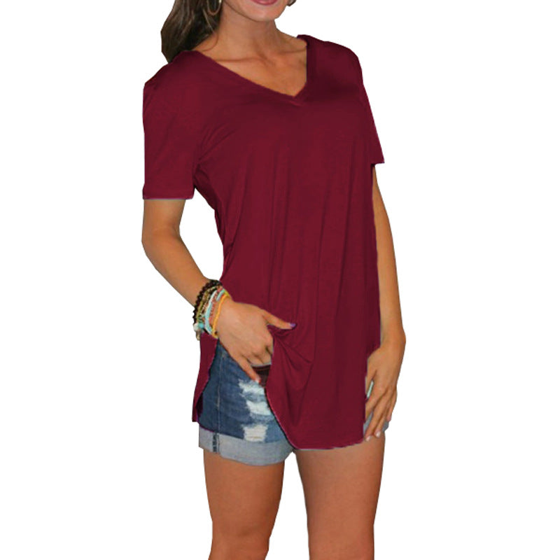 Summer Women's Collar Short Casual Style Sleeve Loose T-shirt Hem Large Size Solid Color Top