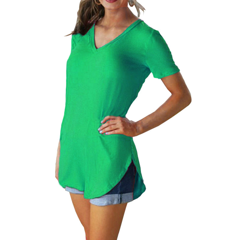 Summer Women's Collar Short Casual Style Sleeve Loose T-shirt Hem Large Size Solid Color Top