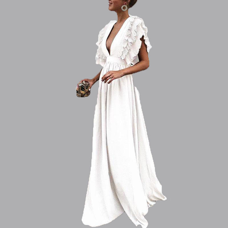 Women's Sleeves Mid Waist V-neck Backless Solid Color Long Dress