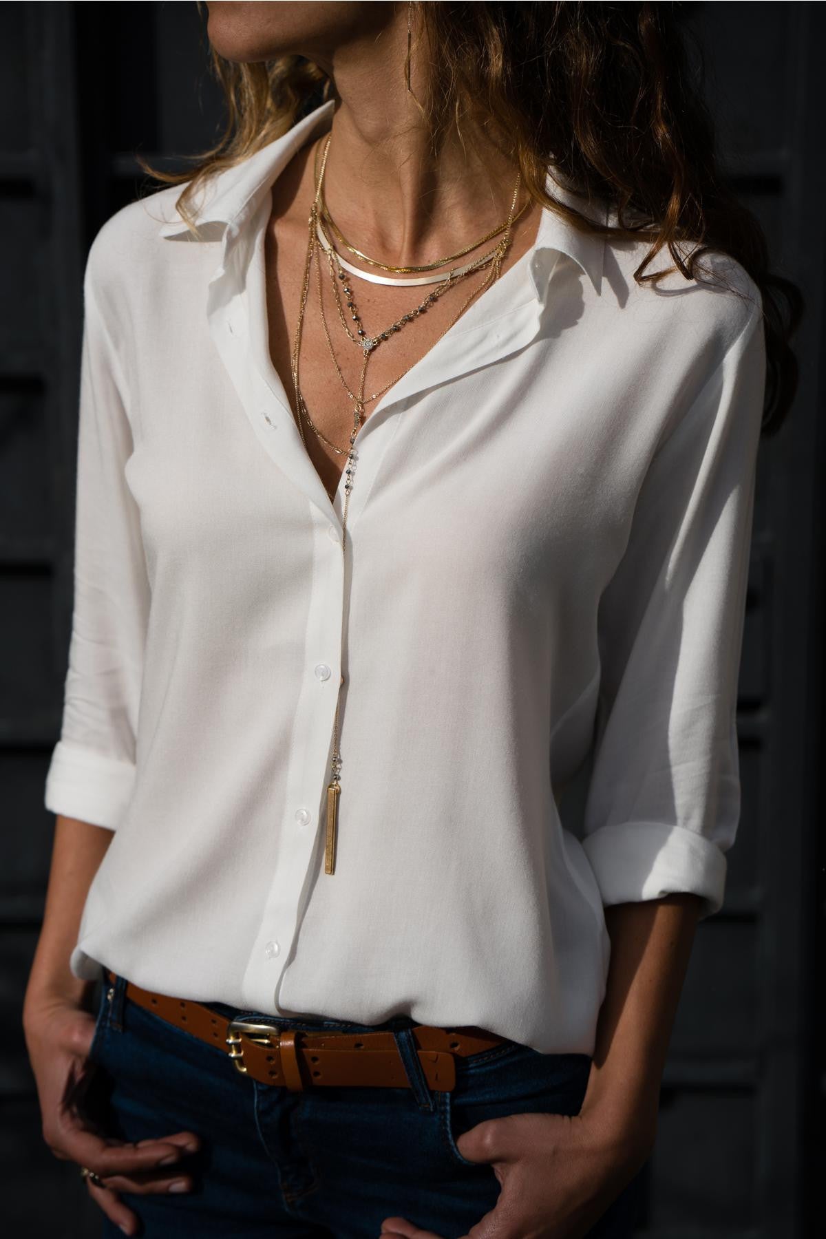 Women's Temperament Commute Long-sleeved Deep Button Chiffon Shirt