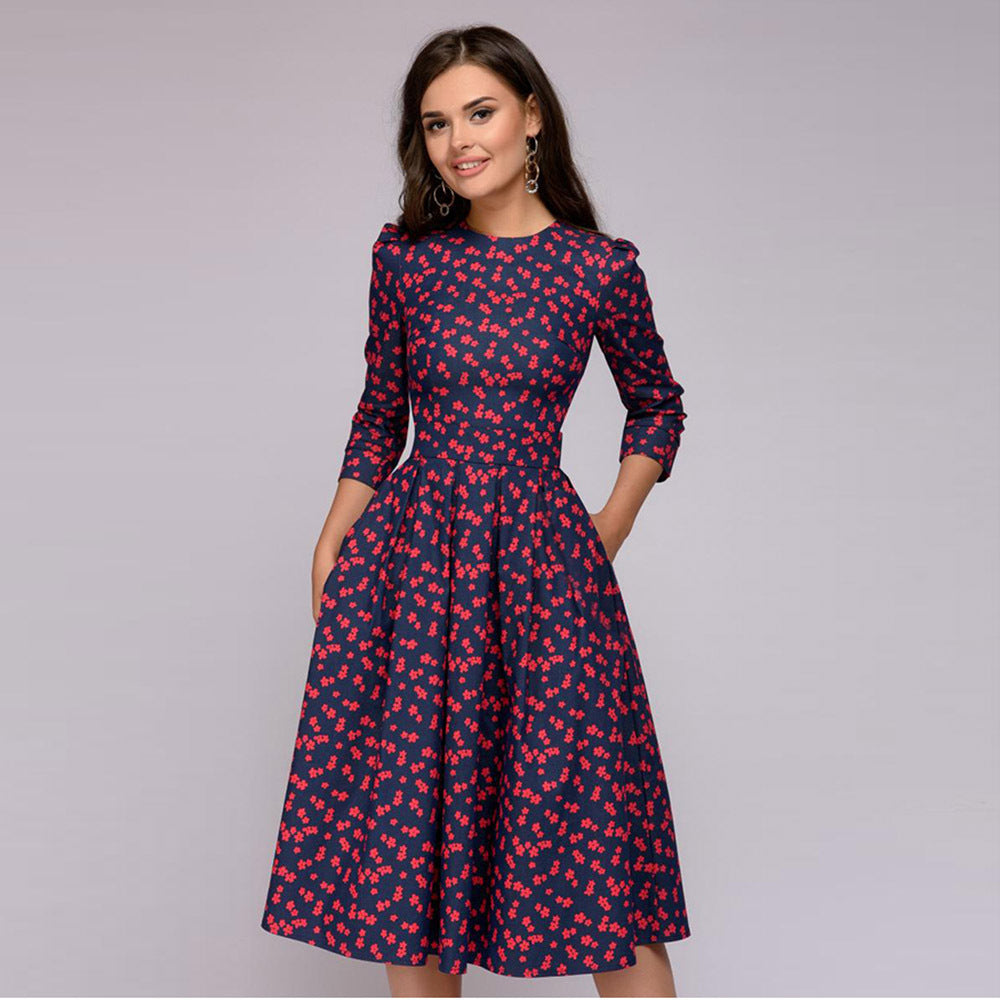 Women's Party Vintage Small Floral Urban Style 3/4 Sleeve Round Neck Dress