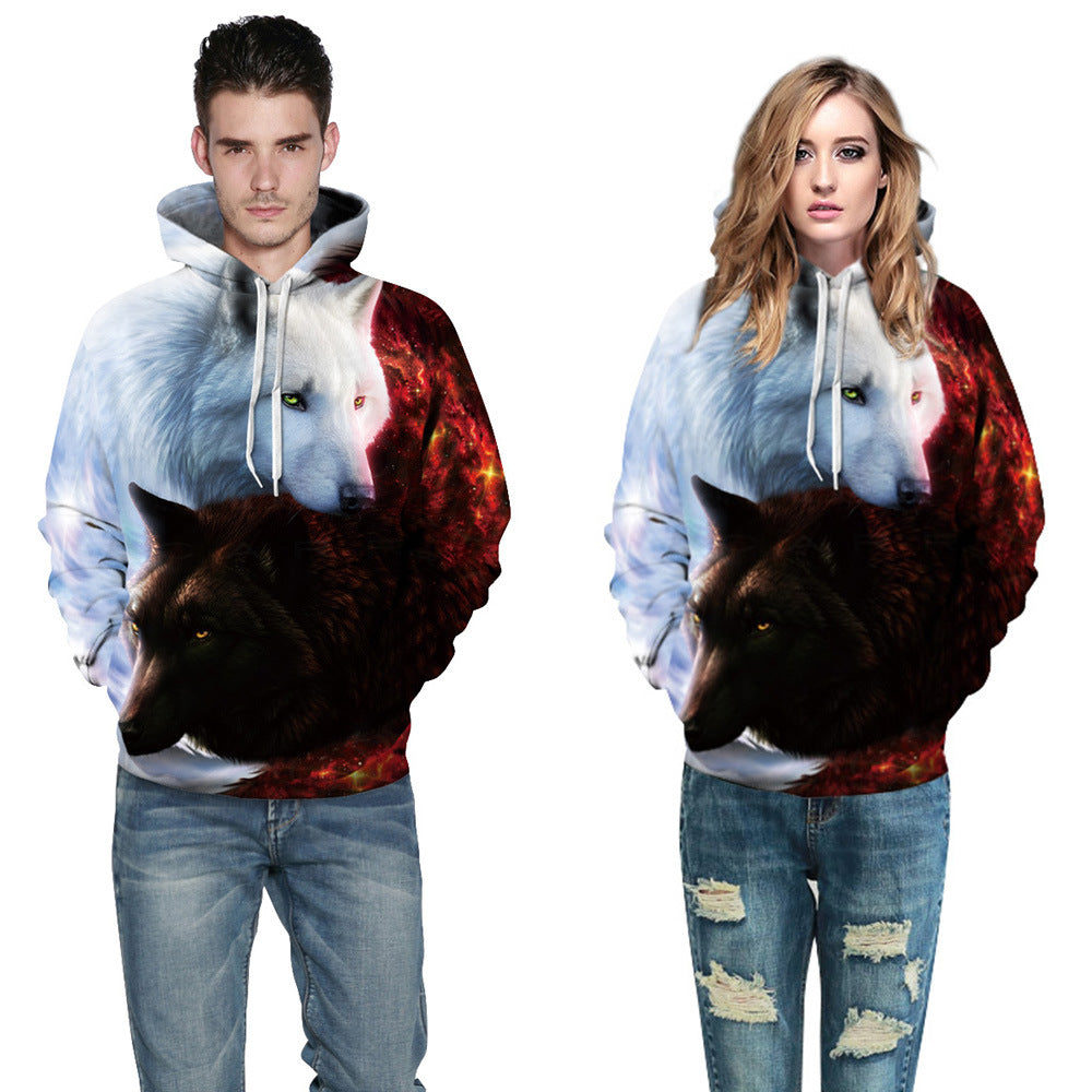 Fire Wolf Street Digital Printed Hoodie Women's Plus Size Couple Wear Sportswear