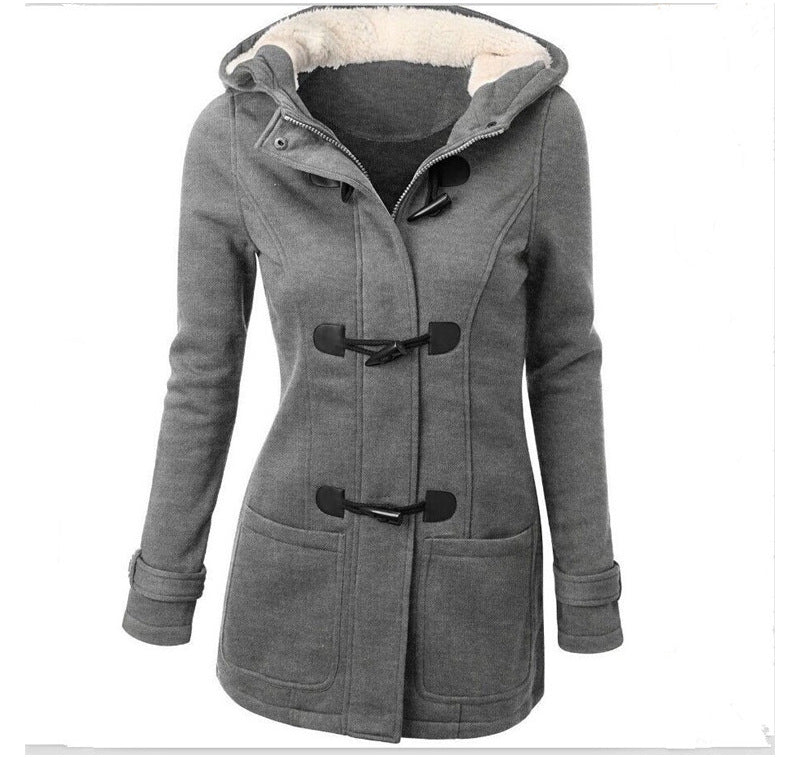 Women's Coat Horn Button Overcoat Female Cardigan Thick Mid-length Hooded Jacket