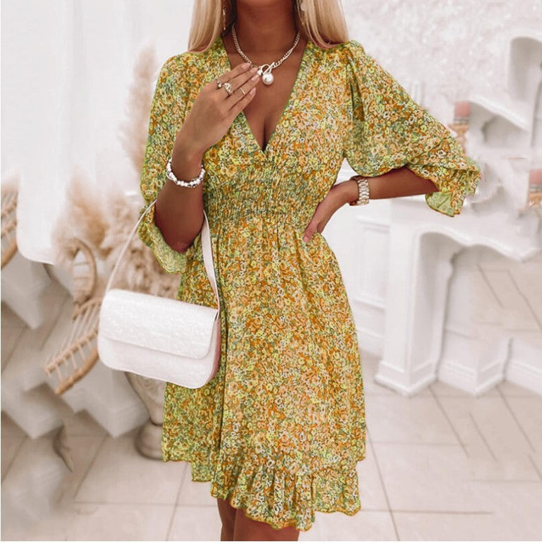 Mid-length Temperament Commute Pullover Print Short Sleeve Puff Mid-waist Floral Dress