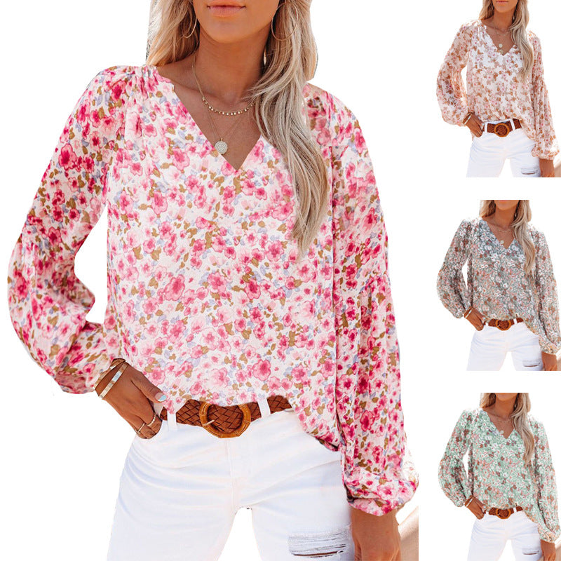 Women V-neck Slim Fit Chiffon Blouses Lantern Sleeve Floral Shirt