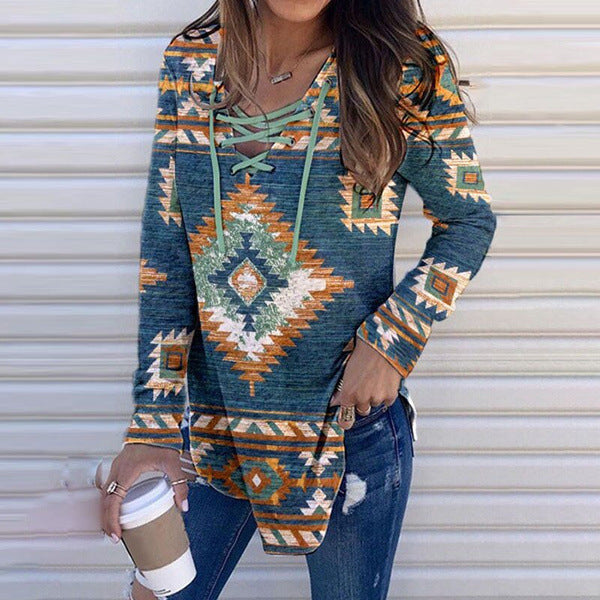 Autumn V-neck Lace Printing Printed Long Sleeve Women's Pullover