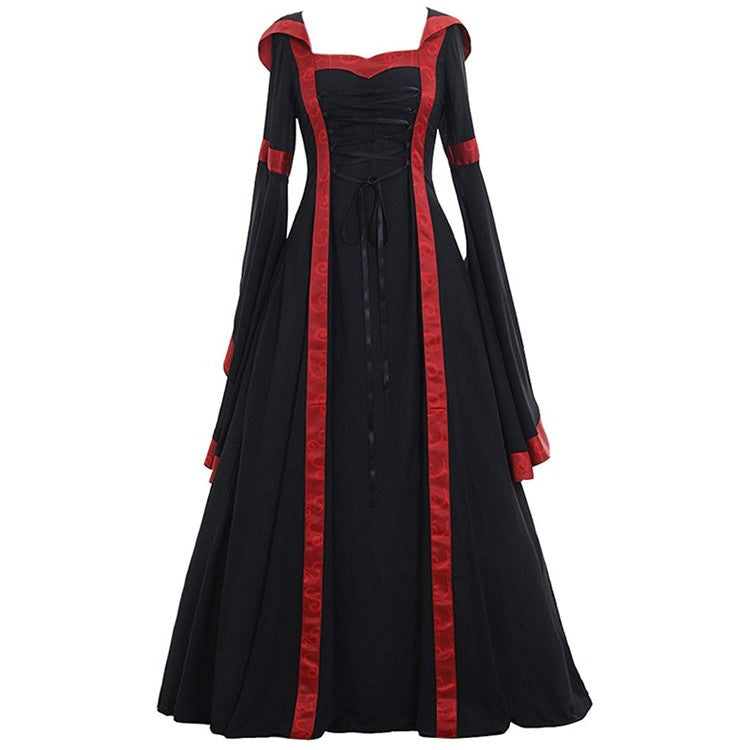 Women's Vintage Swing Dress Square Collar Lace Waist Flared Sleeve Halloween Costume