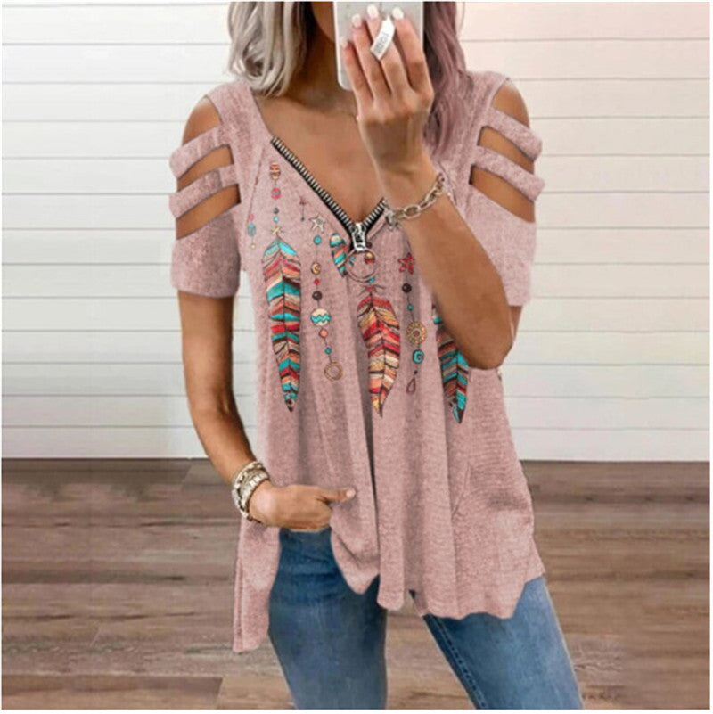 Women's Collar Leisure Zipper Pullover Print Short Sleeve Loose T-shirt Top