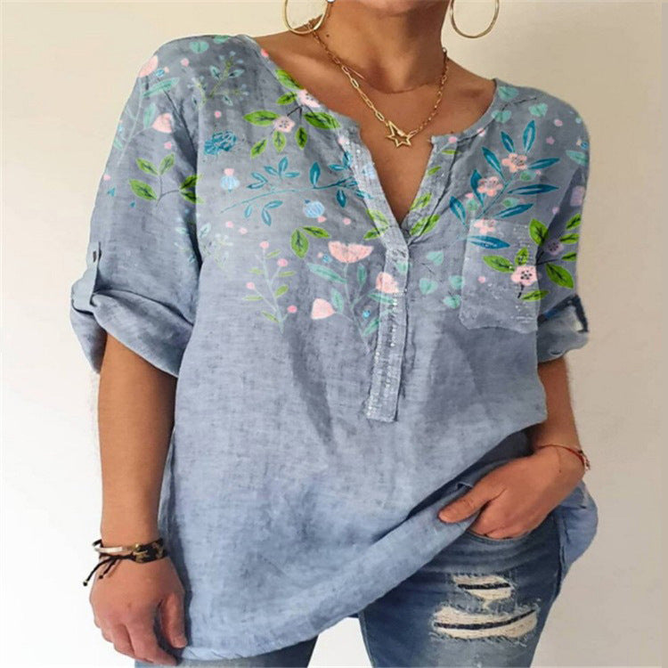 Summer Women Loose Printed Cotton Blend V-neck Three-quarter Sleeve Top