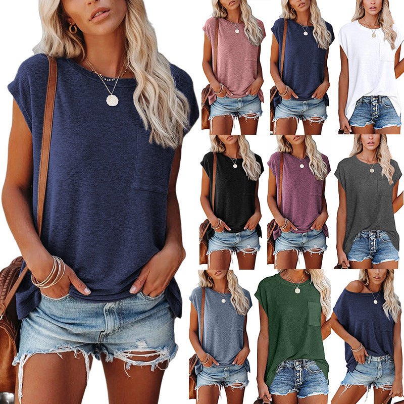 Women's Solid Color Round Leisure Neck Pocket Shoulder Short-sleeved T-shirt