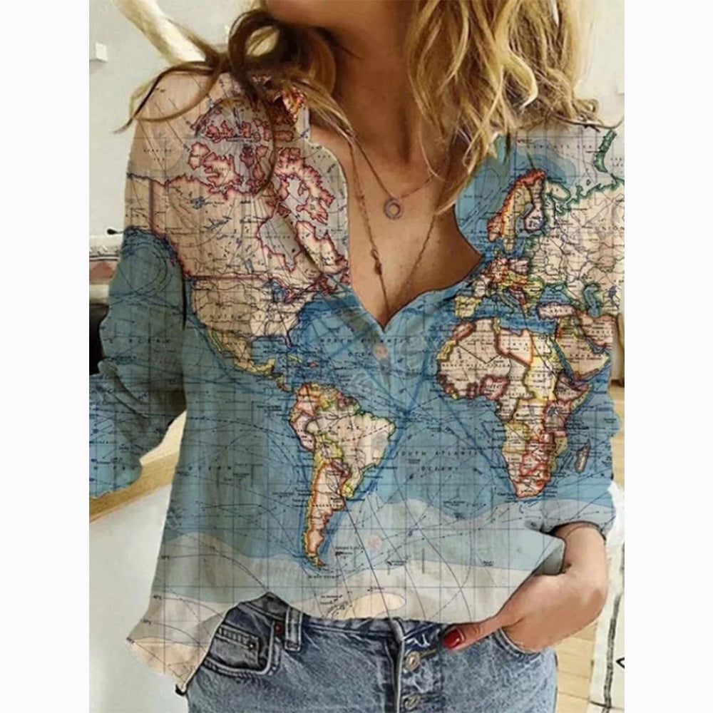Casual Map Straight Type Printed Long-sleeved Women's Shirt