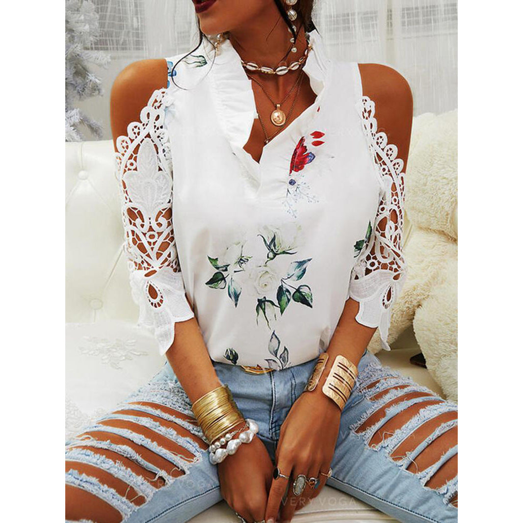 Summer Women's Top Flower Print Pullover Off-shoulder Lace Stitching Long Sleeve T-shirt