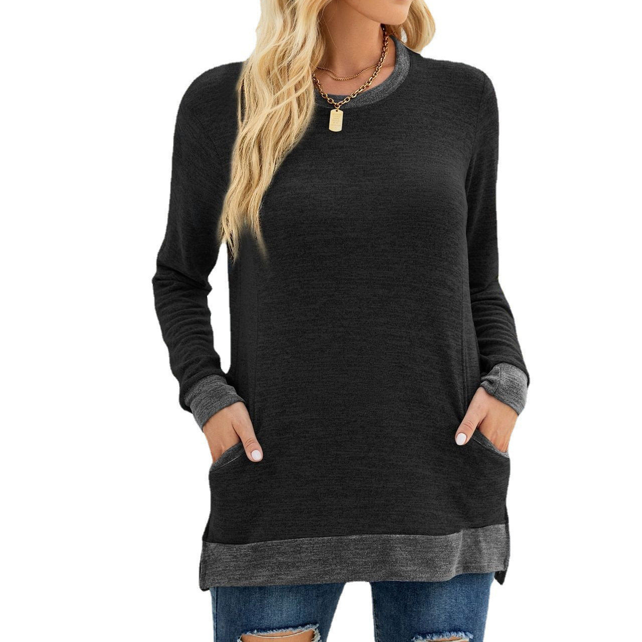 Women's Round Neck Multicolor Pocket Long Temperament Commute Sleeve Top Loose-fitting Pullover