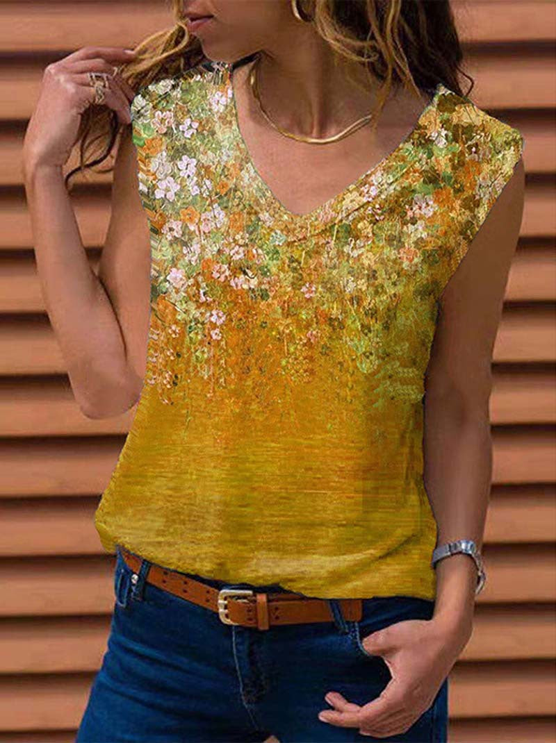 Women Loose Sleeveless V-neck Printed Vest T-shirt