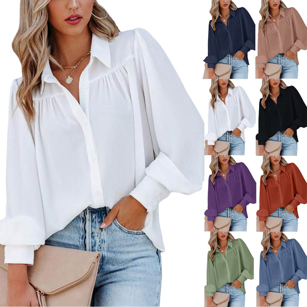 Button Lantern Sleeve Pleated Solid Color Collar Loose Cardigan Shirt Long Women's Top