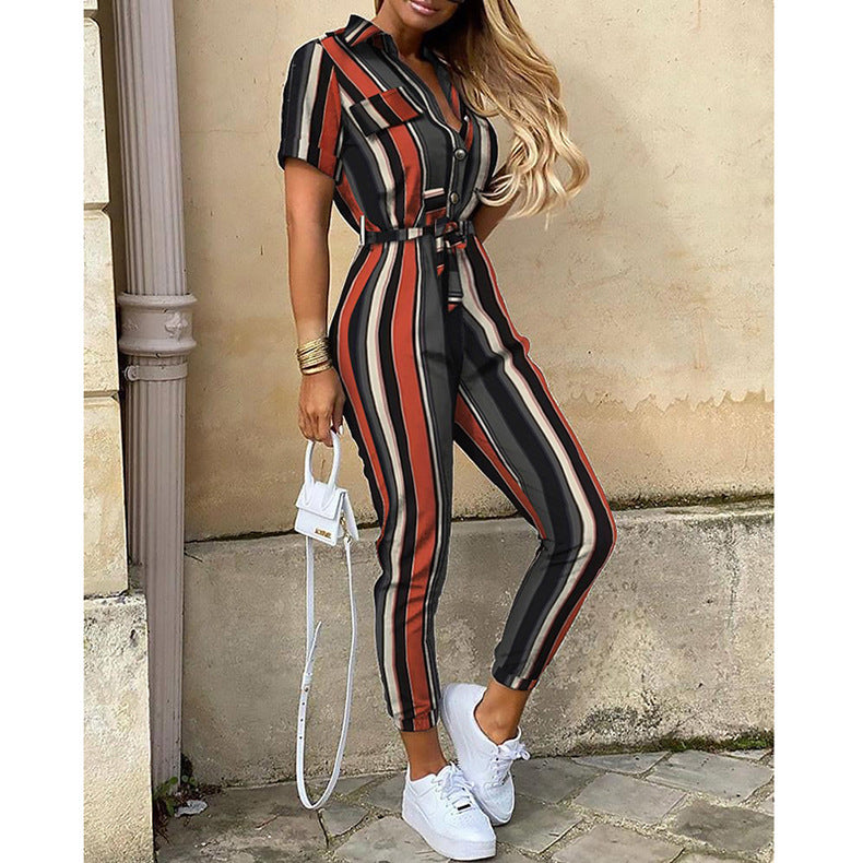 Summer Women's Button Casual Polo Collar Printed Belt Casual Pants