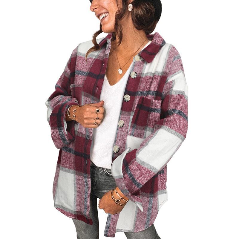 Plaid Shirt Regular Sleeve Women's Buckle Pockets Casual Coat