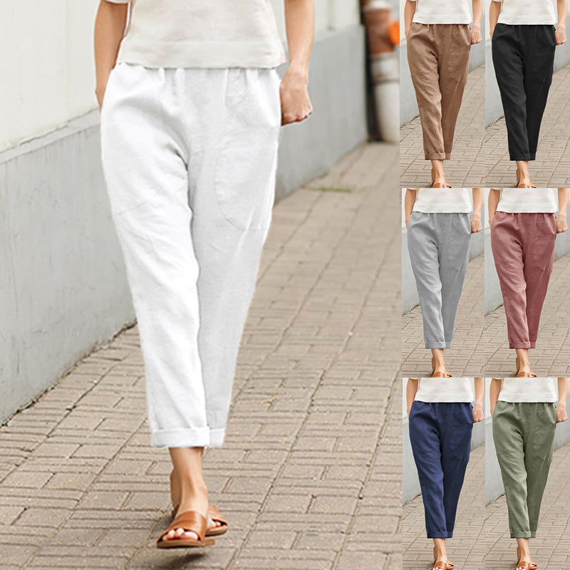 Women's Large Pocket Pure Color Comfort Leisure Cotton Linen Casual Straight-leg Pants