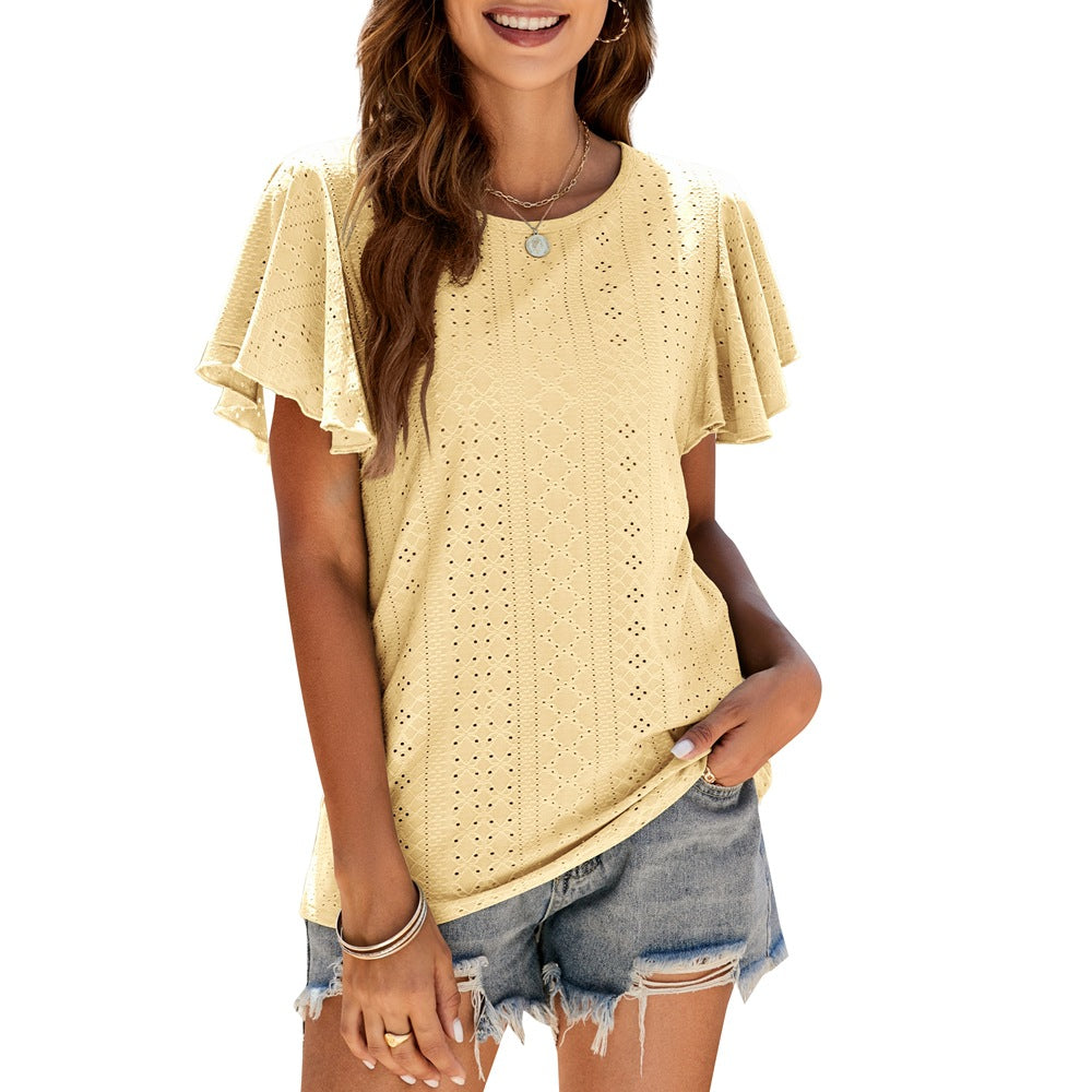 Women's Summer Pullover T-shirt Hollow-out Waist Ruffle Sleeve Casual Top