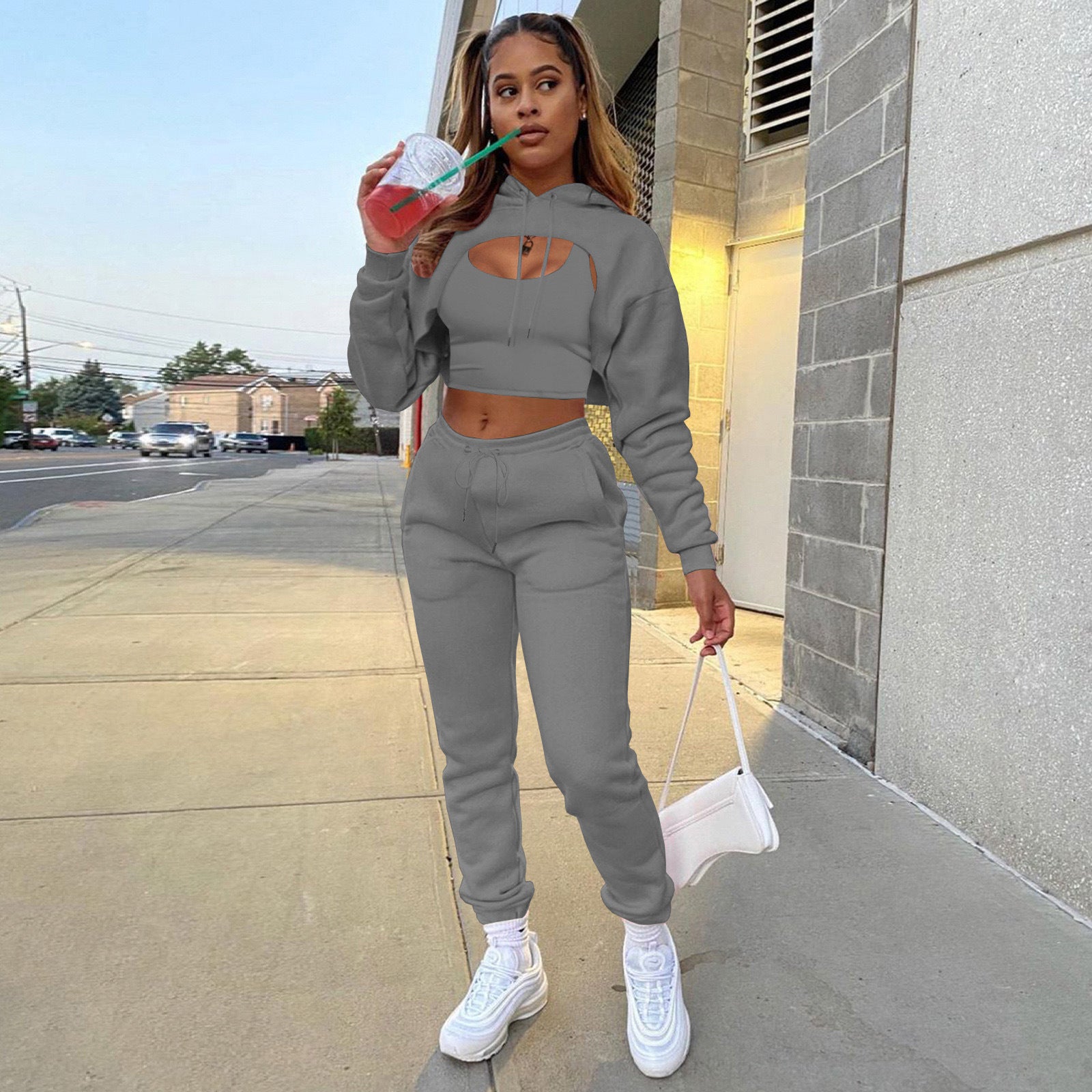 Fashion Women's Wear Drawstring Solid Color Hooded Cotton Blend Sweater Long Sleeve Trousers