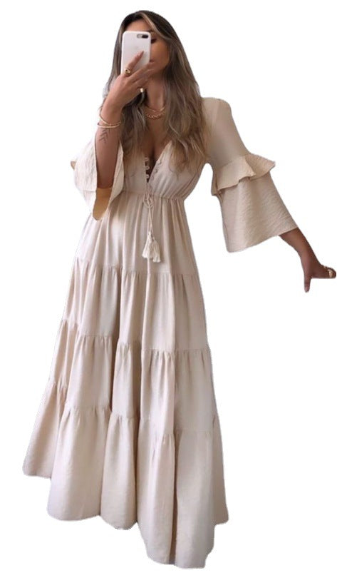 Polyester Women's V-neck Lace-up Solid Color Long Dress