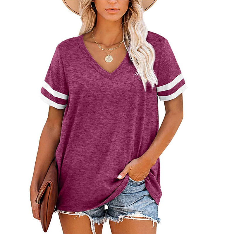 Women's Summer V-neck Short Sleeve Color Leisure T-shirt Loose Casual Top