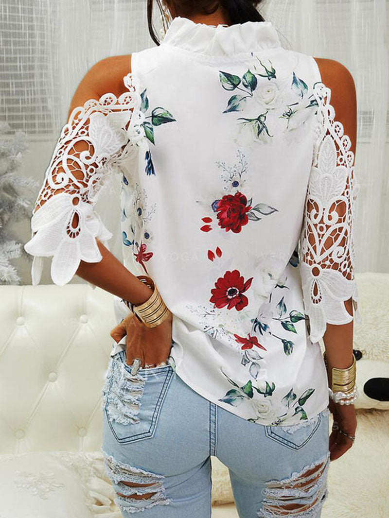 Summer Women's Top Flower Print Pullover Off-shoulder Lace Stitching Long Sleeve T-shirt