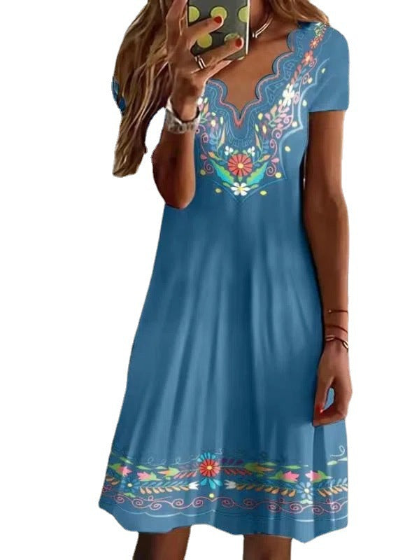Wave V-neck Mid Skirt Printed Short-sleeved Pastoral Casual Dress