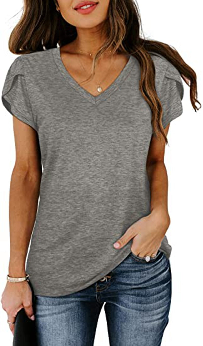 Solid Color V-neck Leisure Short Sleeve Top Women's T-shirt