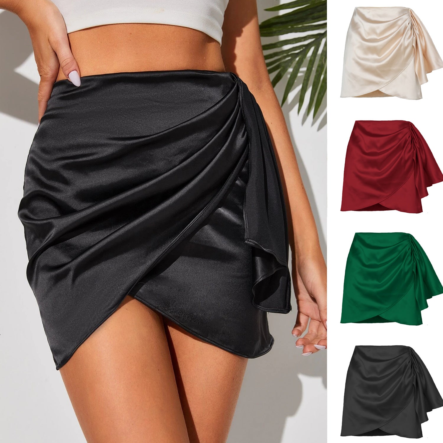 Summer Irregular Zipper Pleated Sexy Solid Color Satin High Waist Women's Skirt