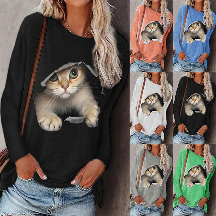 Trendy Round Neck Digital Printing Pullover Cat Long Sleeve Women's T-shirt