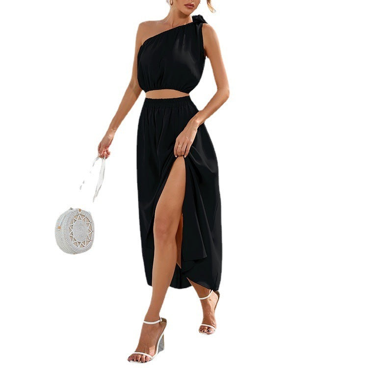 Women's Fashion High Waist Shoulder Bow Suit Skirt Dress Two-piece Set