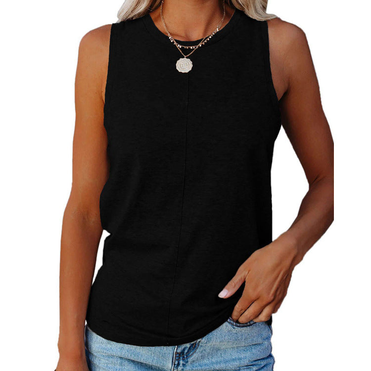 Summer Women's Stylish Casual Style Loose Round Neck Solid Color Sleeveless Vest T-shirt