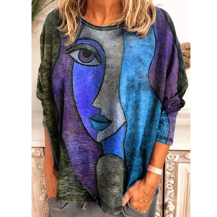 Large Size Women's Printing Print Long Sleeve Loose T-shirt