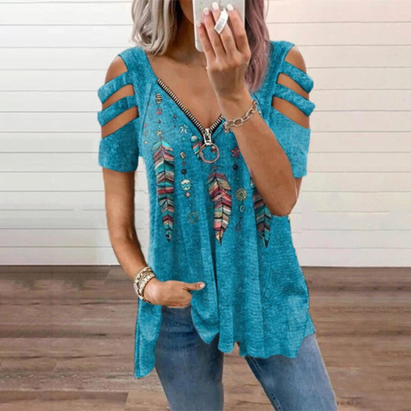 Women's Collar Leisure Zipper Pullover Print Short Sleeve Loose T-shirt Top