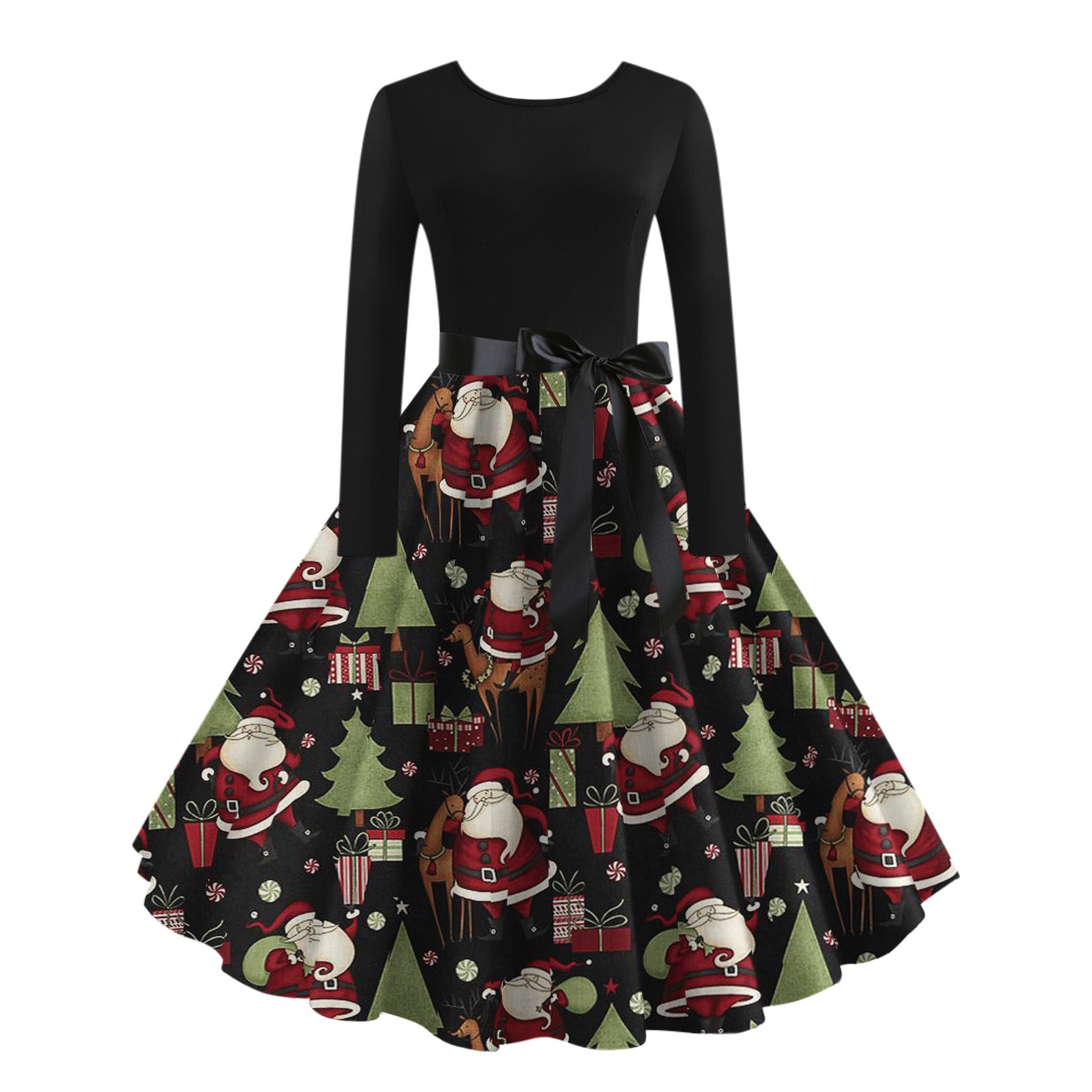 Digital Printing Autumn Retro Christmas Festival Printed Round Neck Long Sleeve Big Hem Dress