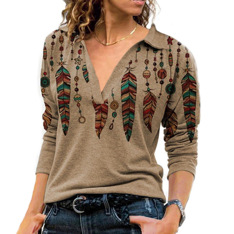 Women's Pullover Vintage Printed Lapel Long Sleeve T-shirt