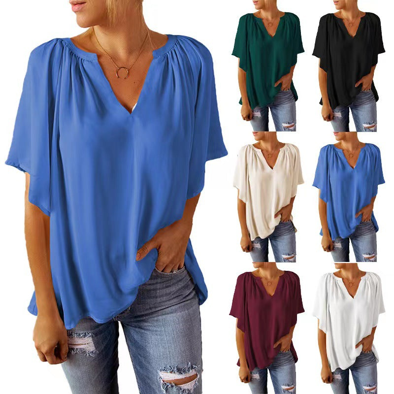 Solid Color Summer Loose-fitting V-neck Casual Women's T-shirt Chiffon Top