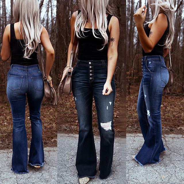 Cowboy Ripped High Waist Stretch Flared Pants Jeans