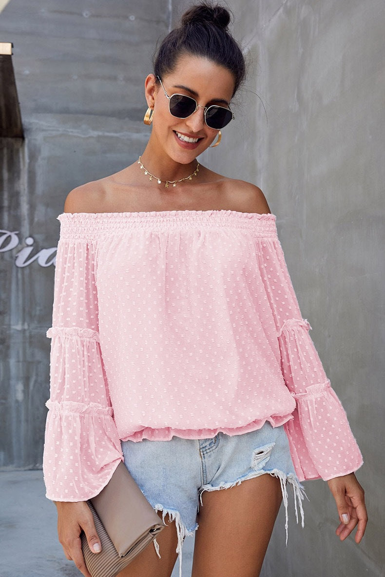 Flared Long Dot Sleeve Chiffon Off-shoulder Off-the-neck Hollow-out Loose Top