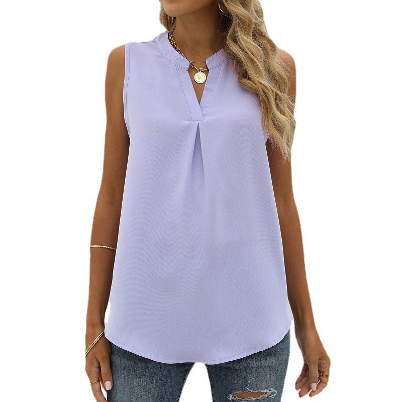 Women's Solid Color Chiffon Leisure Shirt Loose V-neck Pullover Sleeveless Top Vest