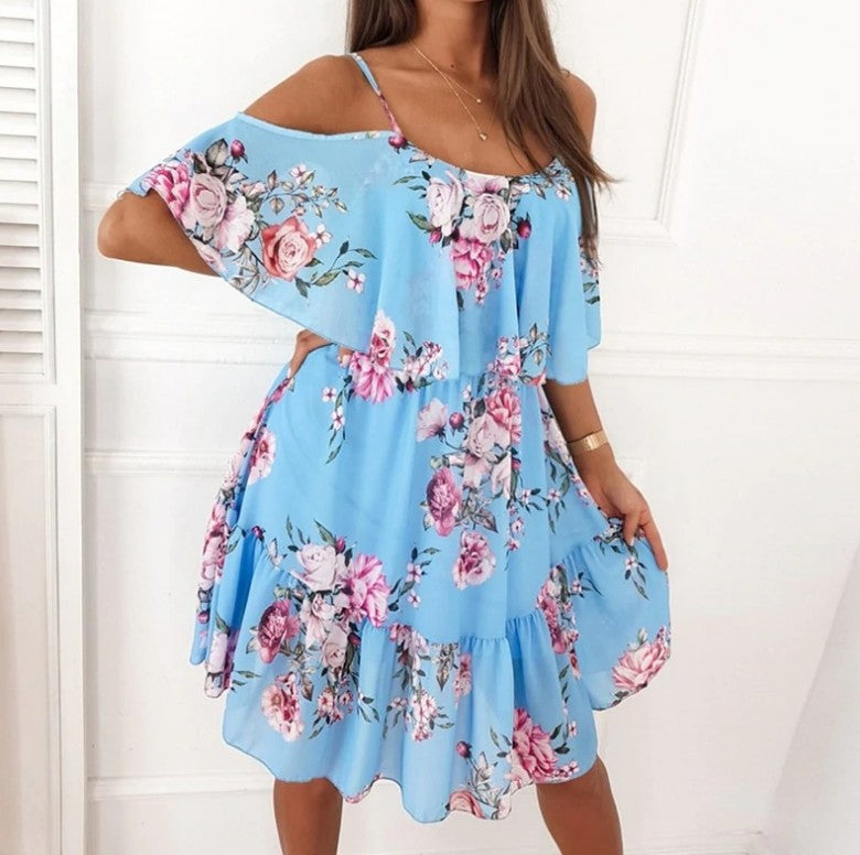 Chiffon Printed Printing Off-the-shoulder Strap Sexy Dress